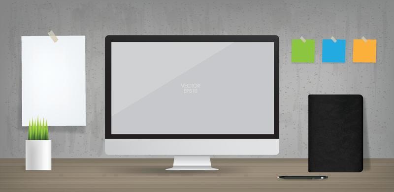 Computer display background in working area. Business background for interior design and decoration. Vector.