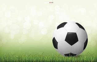 Soccer football ball on green grass field with light blurred bokeh background. Vector. vector