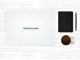 Top view paper background of working space with coffee cup, black notebook and metallic pencil on white wood. Vector. vector