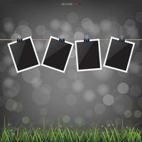 Blank photo frame in grass field with light blurred bokeh background. Vector. vector