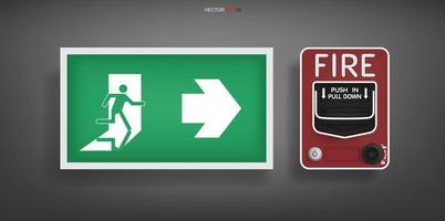 Emergency fire exit door symbol and red fire alarm switch on gray background. Vector.