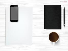 Top view business object background. Coffee cup, black notebook, white paper and metallic pencil on white wood. Vector. vector