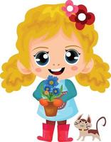 curly gardener girl holding a pot of flower vector