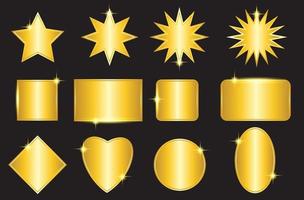 set of gold metal shape icons with variations of stars, squares, circles, ovals and shining stars on a black background vector