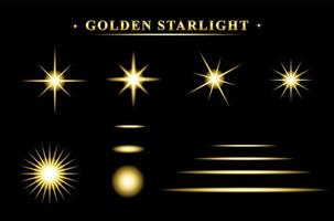 conjunto de iluminación estelar realista aislado sobre fondo negro, luz de las estrellas doradas vector