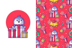 feliz navidad con pingüino feliz y caja de regalo de patrones sin fisuras vector