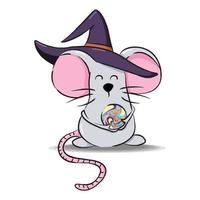 ratón de halloween con sombrero de bruja y bola mágica. ilustración de dibujos animados. vector