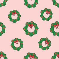 Green christmas wreath with black outline on pink background. Seamless pattern, Christmas concept. vector