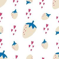 Modern flat hand drawn strawberries, hearts. Seamless pattern on white background. vector