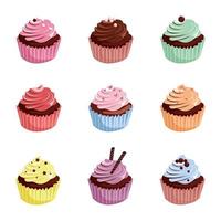 una colección de muffins de diferentes colores vector