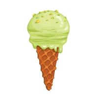 Delicious green kiwi ice cream in waffle cone isolated on white background. Vector illustration for web design or print