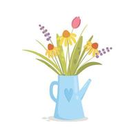 Watering can vase with flowers concept background, cartoon style vector