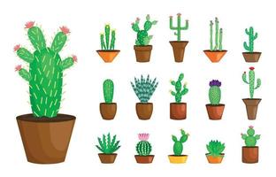 Blooming cactus. Cactus with flower. Cactus in pot. Vector flat cartoon icon vector illustration set