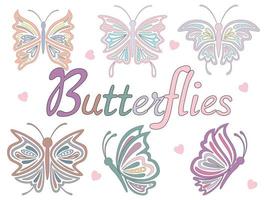 Set of butterflies in pastel tones designed in doodle style vector