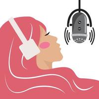hermosas mujeres jóvenes con cabello rosado con audífonos escuchando música, podcast, radio. Ilustración del concepto de podcast. mujer disfrutando escuchando música. estudio de grabación. vector