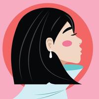 hermosa mujer joven con cabello oscuro y orejas blancas sobre fondo rosa. mujer asiática joven con estilo sobre fondo rosa. chica con una camisa azul. para carteles, tarjetas. vector