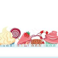 Pastry shop. Cupcakes, candy, cake, candy cane, cookies template. For invitation, cards, posters, menu, packaging. vector