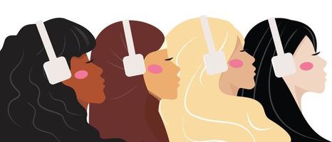 Multicultural female faces listening to podcast, music, radio. Women with headphones. African, arabic, european, asian. Women different nationalities and cultures. Diversity concept illustration. vector