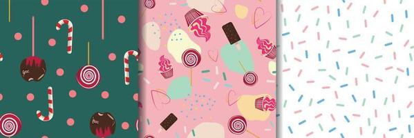 Sweets pattern. Desserts background with cupcake, candy, ice cream and chocolate apple. Seamless pattern with sweets. Christmas candy cane. For textile, print, wrapping paper, packaging. vector