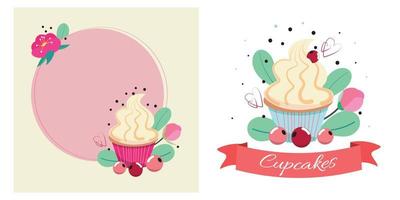 Delicious cupcakes made with love. Cupcake shop. For cards, menu, cover, banner.
