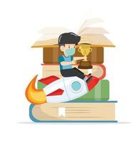 boy on a Flying rocket  with book of Stacks vector