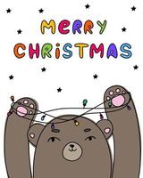 Cute little bear with garland stars text merry christmas. Children's cartoon character on an isolated background. Print, banner, brochure. vector