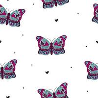 Doodle línea rosa mariposas azules con corazones negros patrón lindo sin costuras. vector