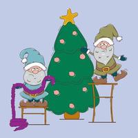 Two dwarfs decorate a Christmas tree. Illustration in a flat style. vector