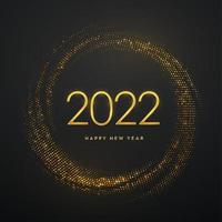 Happy New 2022 Year. Golden metallic luxury numbers 2022 on shimmering background. Realistic sign for greeting card. Bursting backdrop with glitters. Festive poster or banner. Vector illustration.