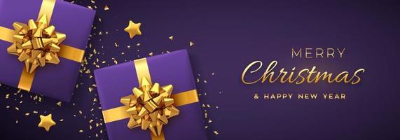 banner de navidad. cajas de regalo moradas realistas con lazo dorado, estrellas doradas y confeti brillante. Fondo de Navidad, cartel de Navidad horizontal, tarjetas de felicitación, sitio web de encabezados. ilustración vectorial. vector