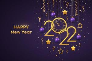 Happy New 2022 Year. Gold metallic numbers 2022 and watch with Roman numeral and countdown midnight, eve for New Year. Hanging golden stars and balls on purple background. Vector illustration.