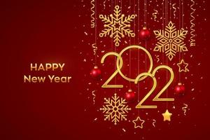 Happy New 2022 Year. Hanging Golden metallic numbers 2022 with shining snowflakes, 3D metallic stars, balls and confetti on red background. New Year greeting card or banner template. Vector. vector