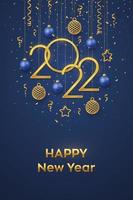 Happy New 2022 Year. Hanging Golden metallic numbers 2022 with shining 3D metallic stars, balls and confetti on blue background. New Year greeting card, banner template. Realistic Vector illustration.