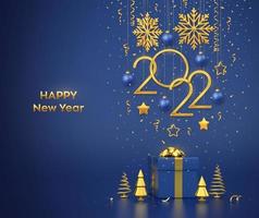 Happy New 2022 Year. Hanging golden metallic numbers 2022 with snowflakes, stars and balls on blue background. Gift box and golden metallic pine or fir, cone shape spruce trees. Vector illustration.