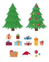Christmas tree, gift boxes, santa claus hat, christmas decorations vector