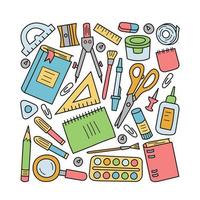 conjunto de material escolar y de oficina en estilo doodle y dibujos animados. ilustración vectorial