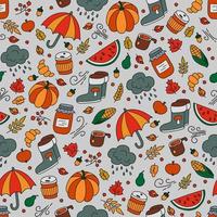 Autumn seamless pattern in doodle and cartoon style. Umbrella and rain, pumpkin and watermelon, rubber boots. Vector illustration on grey background