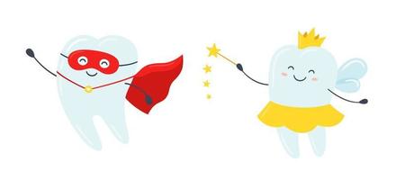 Children tooth fairy and superhero. Cute tooth with wings, a crown and a magic wand. Happy healthy tooth in a red cloak. vector