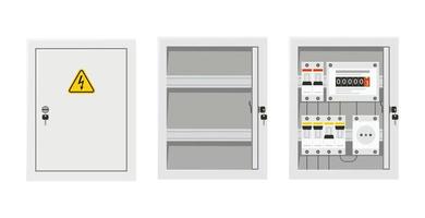 Panel de interruptores de energía eléctrica con puerta abierta y cerrada. caja de fusibles. ilustración vectorial aislada en estilo plano vector