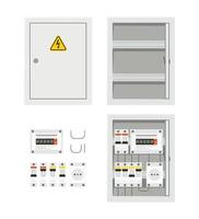 Panel de interruptores de energía eléctrica con puerta abierta y cerrada. caja de fusibles. ilustración vectorial aislada en estilo plano vector