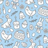 Cute Easter doodle seamless pattern with bunny, basket, easter eggs, cakes, chicken, willow twigs and candles. Vector hand drawn illustration