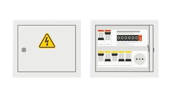 Panel de interruptores de energía eléctrica con puerta abierta y cerrada. caja de fusibles. ilustración vectorial aislada en estilo plano vector