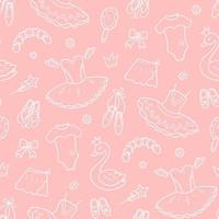 Seamless pattern for little ballerina with ballet accessories. Hand drawn tutu, pointes, ballet dress, swan, crown. vector