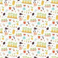 Seamless pattern with seeds and seedlings. Germination of sprouts. Tools and pots for planting vector
