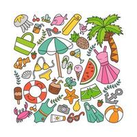 Set of sea and summer elements in doodle style. vector