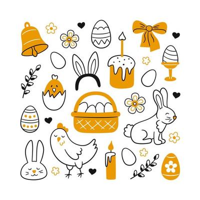 Cute Easter doodle set - bunny, basket, easter eggs, cakes, chicken, willow twigs and candles