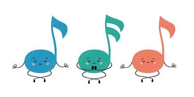 Cute musical notes in yoga pose. Notes practicing yoga and meditates. Funny vector cartoon characters