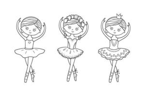 Little cute ballerina in pointe shoes and dress. Isolated set vector illustrations in doodle style