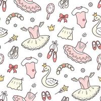 Seamless pattern for little ballerina with ballet accessories. Hand drawn tutu, pointes, ballet dress, swan, crown. vector