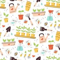 Seamless pattern with seeds and seedlings. Germination of sprouts. Tools and pots for planting vector